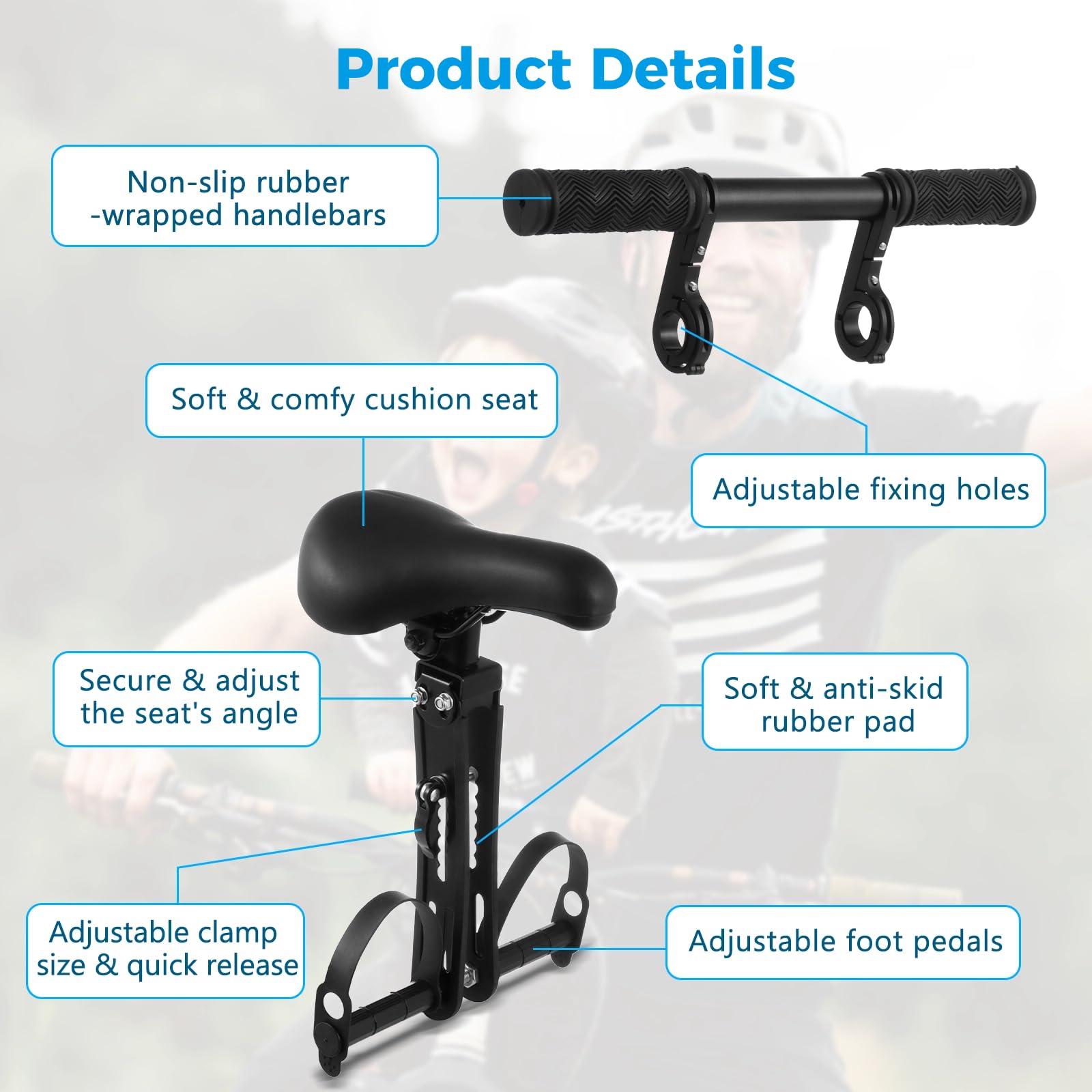 Lnrueg Kids Bike Seat for Adult Bike, Kid Bike Seat with Handlebar and Foot Pedals, Front Mounted Child Bike Seat for Mountain Bikes, Parent-Child Cycling Seat Kit for Children 2-6 Years