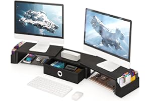 RUILALIFE Dual Monitor Stand Riser w/ Drawer & Metal Leg, Large Computer Monitor Riser w/ Storage For 2 Monitors, Desk Shelf For Monitor w/ Adjustable Length & Angle, Desktop Organizer For Laptop/TV/Printer