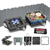 ARTFLAMM 29000 BTU 2 Burner Camping Stove with Windshield, Propane Camp Stove, Portable Folding Gas Stove, Camping Essentials Gear Includes Frying Pan, Coffee Stand &amp; Carry Bag fathersdaygift