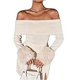 SOLY HUX Women's Off The Shoulder T Shirt Fuzzy Long Sleeve Slim Fitted Tee Going Out Tops