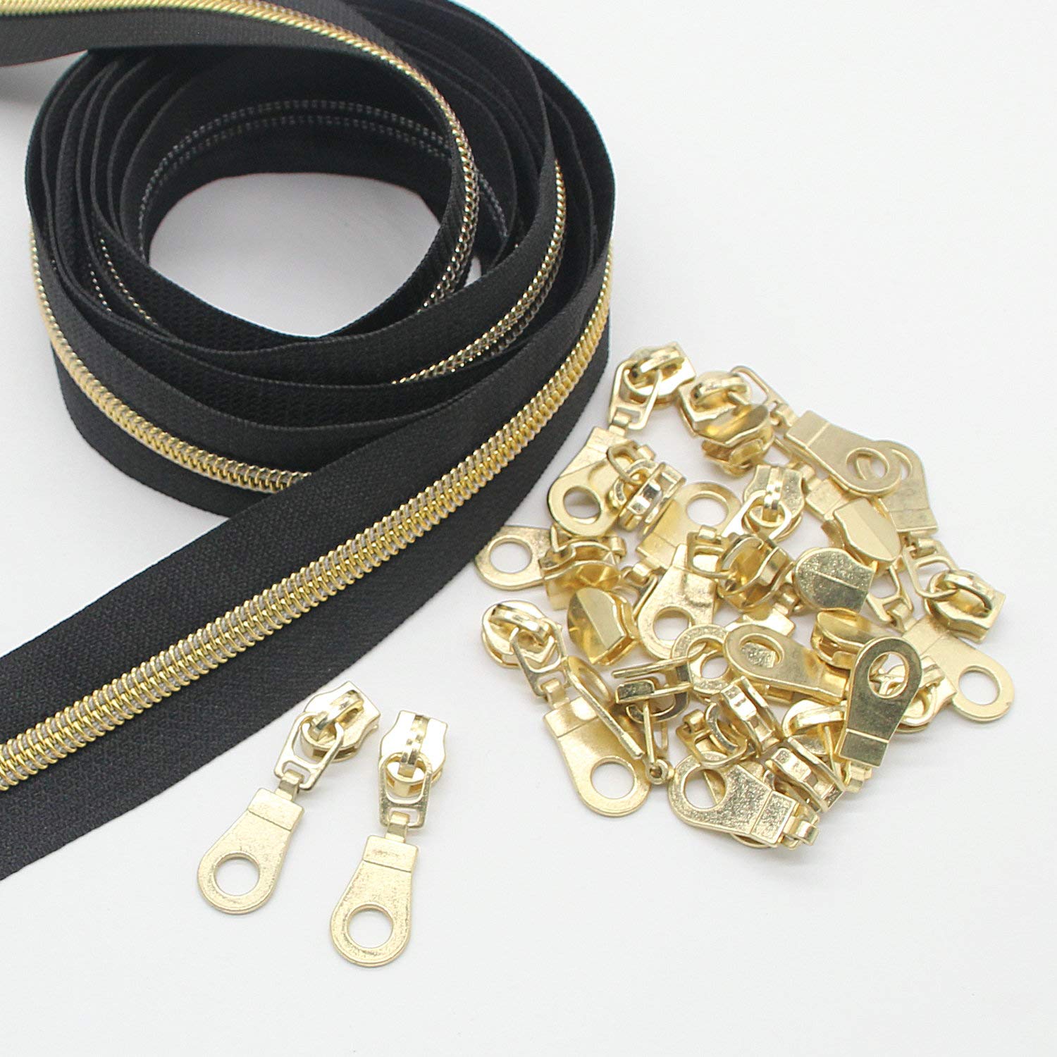 Leekayer #5 Gold Metallic Nylon Coil Zippers by The Yard Bulk 10 Yards Black Tape With 25pcs Gold Sliders for DIY Sewing Tailor Craft Bag Leekayer(Black)