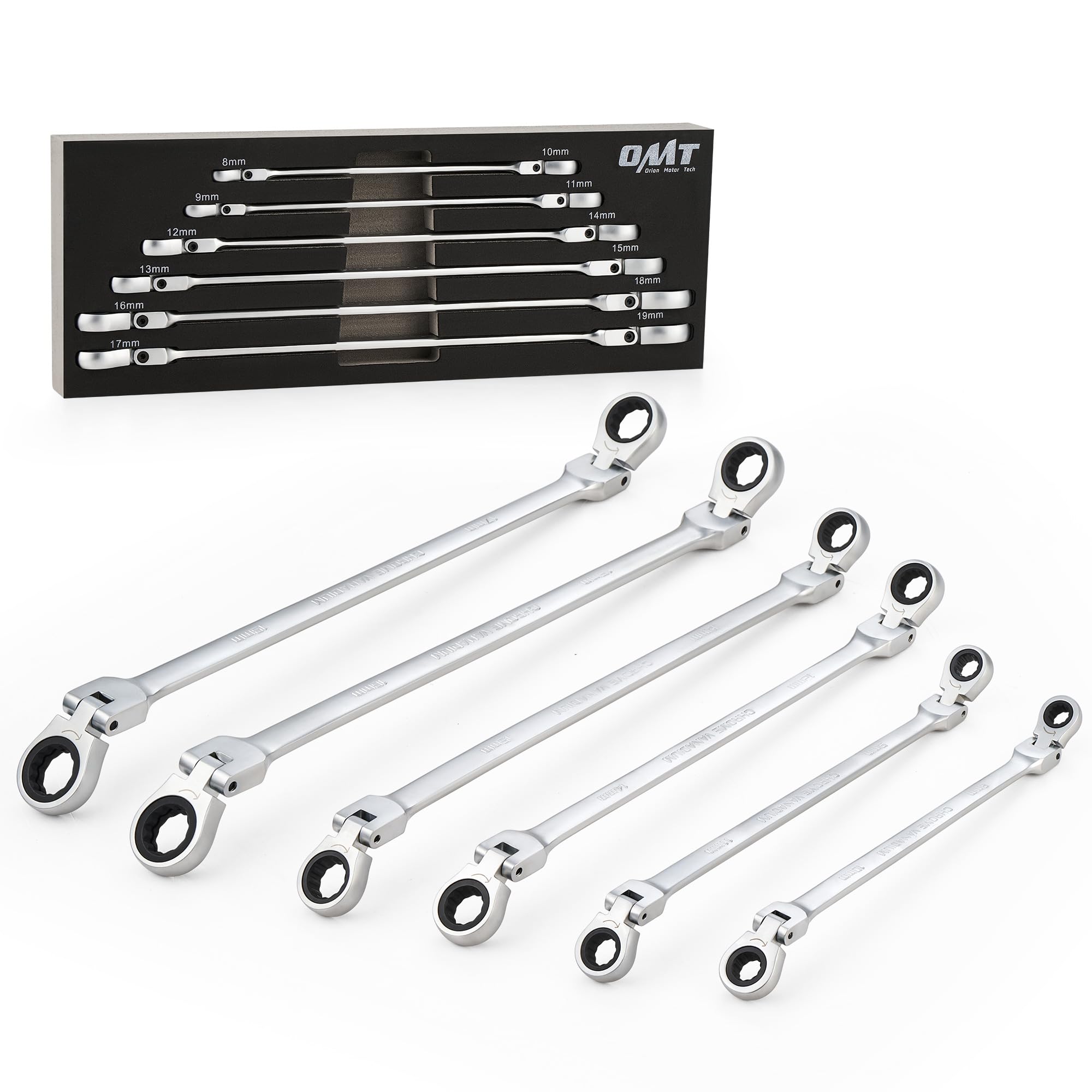 Photo 1 of Orion Motor Tech 6-Piece Ratcheting Wrench Set, Metric 8-19 mm Flex Head Ratcheting Wrench Set, Extra Long Ratchet Wrench Set with 72 Tooth Gear & Double Box End