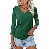 KTILG Women's V Neck T Shirts 3/4 Sleeve Blouse Summer Tops Dressy Casual Solid Basic Tees