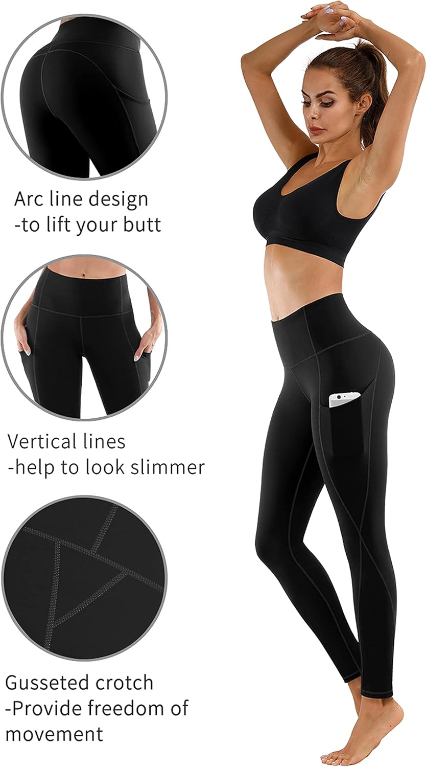 PHISOCKAT 2 Pack High Waist Yoga Pants with Pockets, Tummy Control Leggings, Workout 4 Way Stretch Yoga Leggings: Clothing