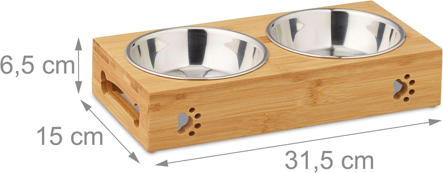 Relaxdays Feeding Station for Small Dogs 2 Bowls, 300 ml, Raised, Bamboo, Stainless, HWD: 6.5x31.5x15 cm, Natural/Silve - Image 5