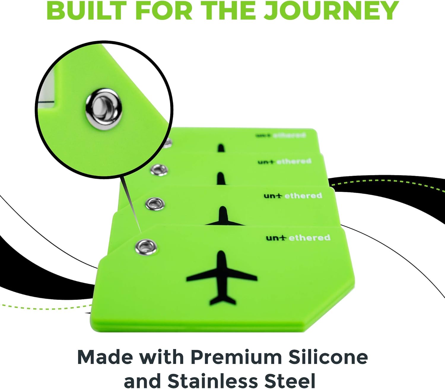Untethered Luggage Tag Set | 4 Pack Flexible & Bright Silicone Baggage Tags for Travel & Suitcases. Includes Name Cards with Partial Privacy Cover & Stainless Steel Loops for Secure Fastening (Green): Office Products