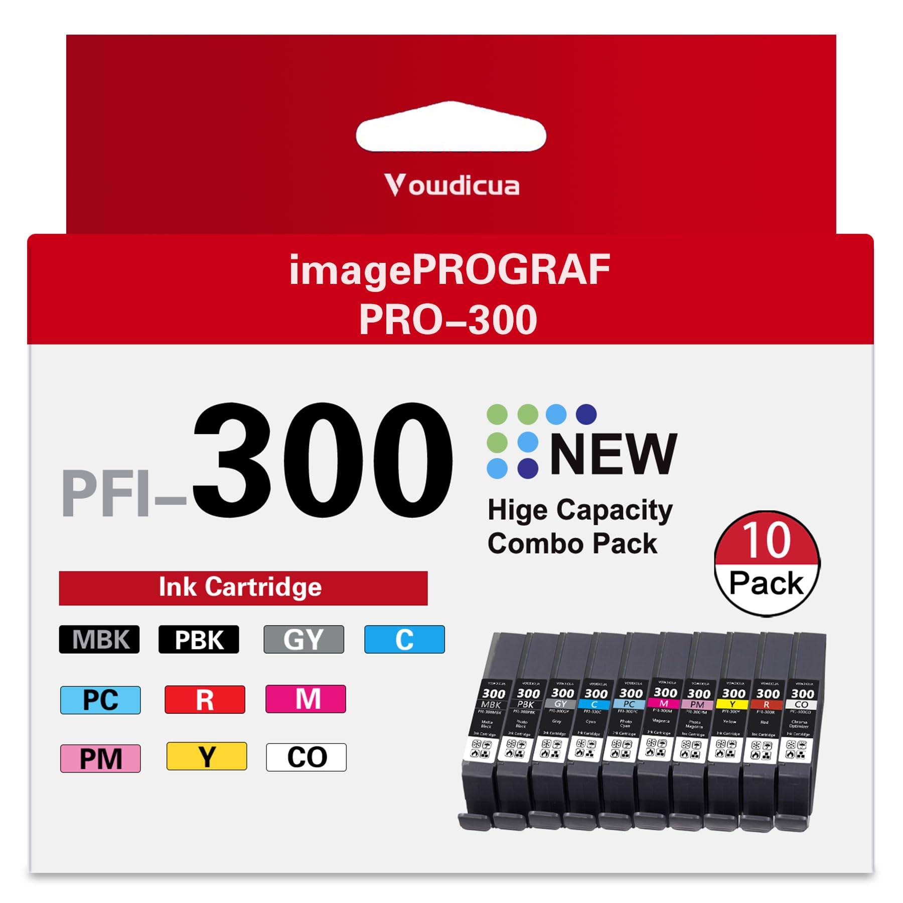 Photo 1 of Vowdicua PFI-300 Ink Cartridges - High Capacity Compatible PFI 300 Ink Cartridges Replacement for Canon ImagePROGRAF PRO-300 Printer, 10-Pack (MBK/PBK/C/M/Y/PM/PC/R/GY/CO)