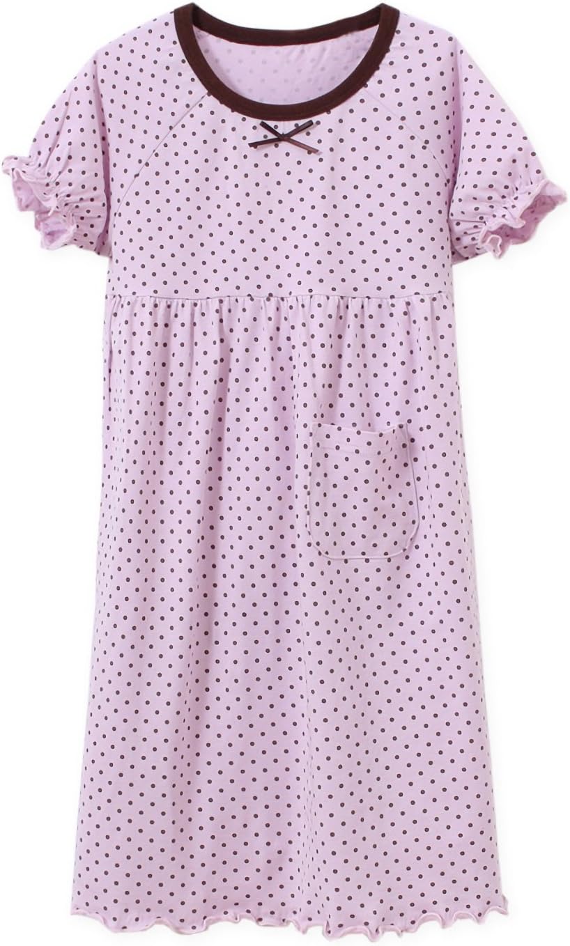 BLOMDE Girls' Polka Dots Nighies Puff Sleeve Sleepwear Cotton Sleep Shirts for 3-12 Years