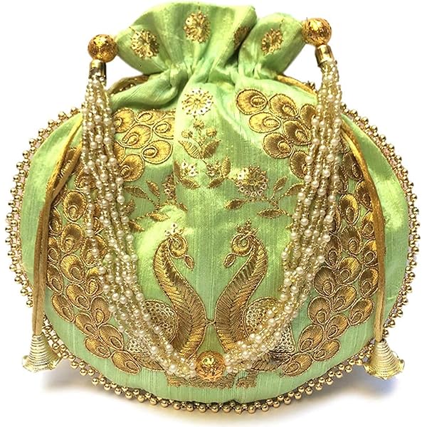 Potli Bag Indiana Fatta A Mano In Cotone Verde Con Fiore Ricamato – Pochette Con Coulisse Per Matrimoni E Feste - 3