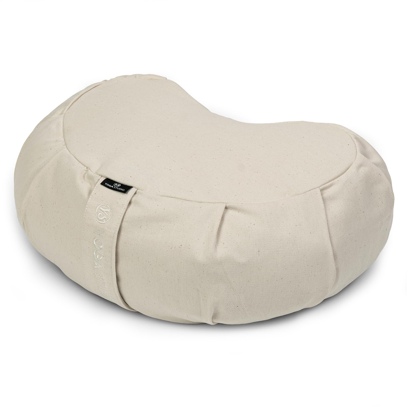 Yoga Studio European Crescent Zafu Cushion | Organic Cotton | 42 x 30 x 18cm | Meditation Pouf | Buckwheat Hulls - Ecru