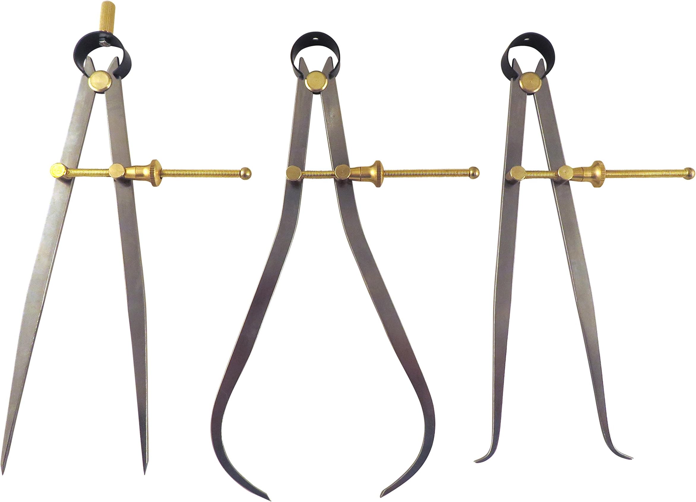 3 Piece Set Toolmaker's “Yankee” Rapid Adjust Quick Spring Nut Dividers, Inside ID & Outside OD Calipers, 0-8.5” / 215 mm Range, Brass Fulcrum and Fine Adjustment, Flat Leg, C7-8, C8-8, C9-8