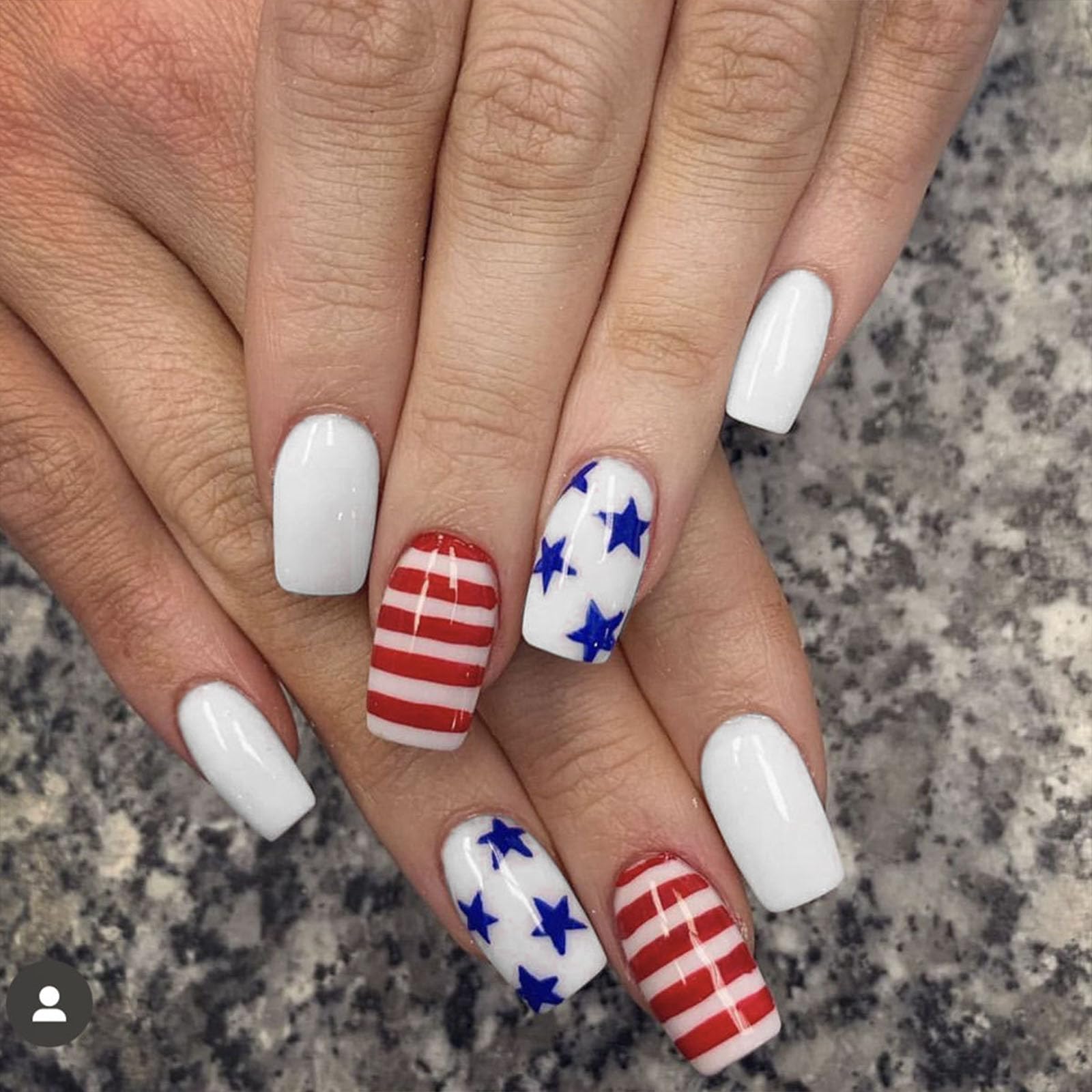 Photo 1 of 4th of July Nails Press ons Medium Press on Nails Square Fake Nails Blue Five-pointed Star Red Lines Design White Full Cover False Nails Gel Glossy Independence Day Glue on Nails for Women 24 Pcs