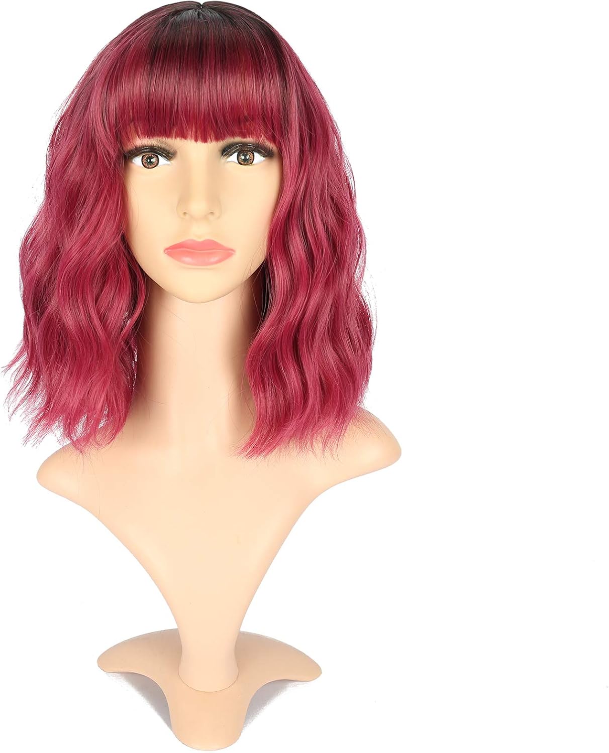VCKOVCKO Ombre Natural Wavy Bob Wig - Air Bangs, Shoulder Length, Curly Wavy Synthetic Cosplay Wig - Colorful, 12" - Black to WineRed
