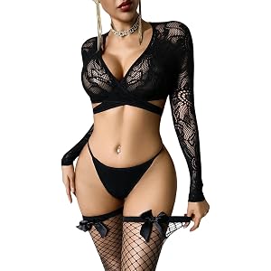 Avidlove Womens Lingerie Sexy 3 Piece Fishnet Lingeries See Through Set | Wrap Long Sleeve Crop Top, Thong Panty & Stockings