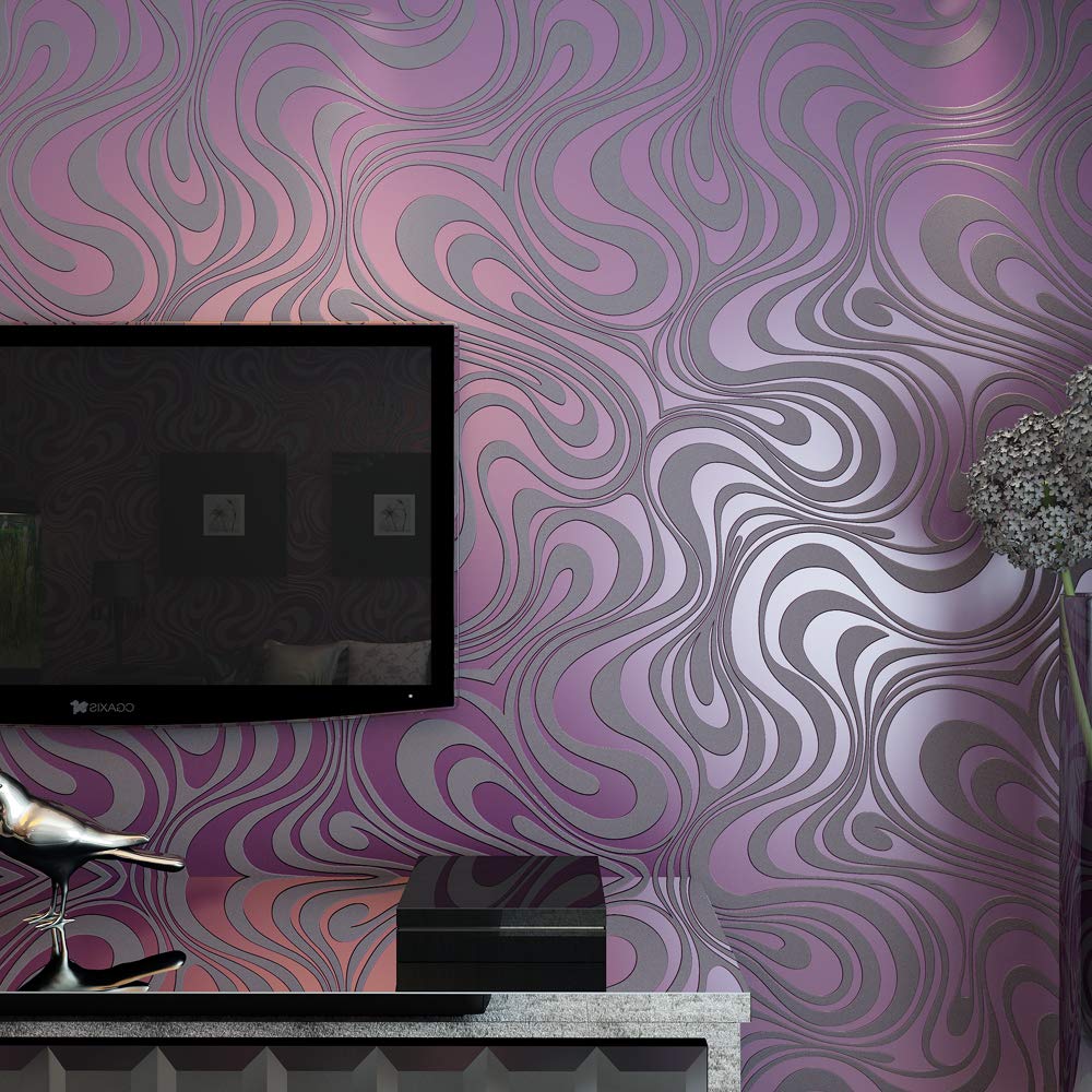 YangYun Home Decoration Modern 3D Abstract Curve Wave Non-Pasted Flocking Striped Wallpaper Roll for Living Room Bedroom Purple Gray Color 2.3'W x 27.56'L