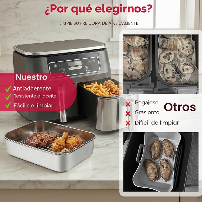 Recipiente air fryer,Accesorio para freidora de aire,bandeja air fryer acero inoxidable 304, compatible con Ninja 7,6L/ 9,5L/ 10,4L AF400EU/AF451EU/AF500EU/DZ400EU, apta para lavavajillas