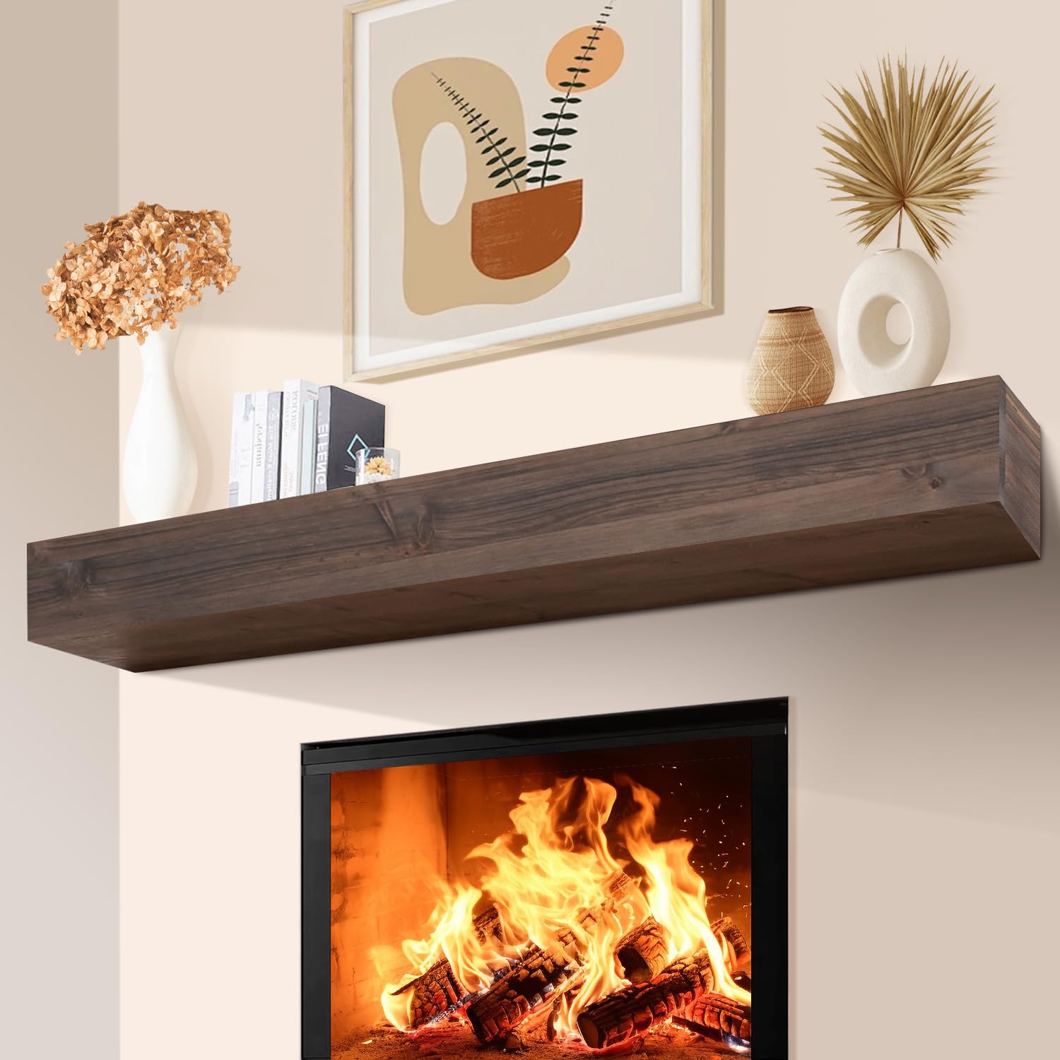 Photo 1 of GoCampDirect Fireplace Mantle Shelf - 72×8×5Inch Handcrafted Wall Floating Mantel Shelf for Over Fireplace - Rustic Traditional Wooden Fireplace Mantels with Invisible Heavy Duty Wood Bracket Ebony