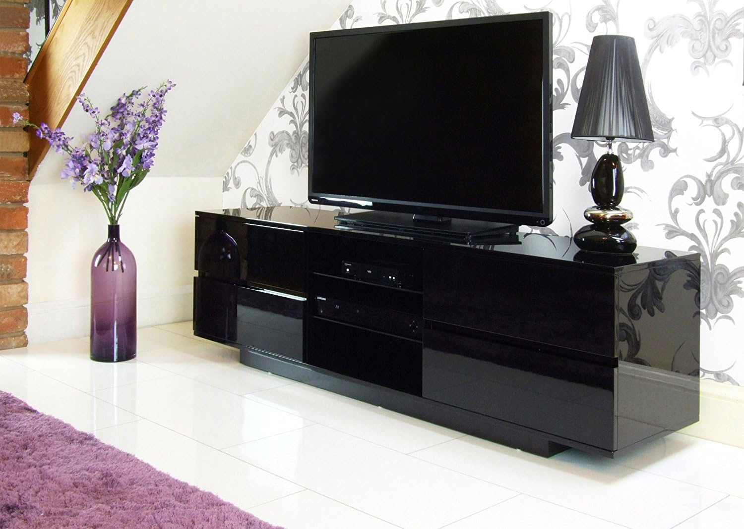 Centurion Avitus Gloss Black with 4-Black Drawers & 3-Shelves 32"-65" Flat Screen TV Cabinet, 158cm x40cm x 48cm - Image 5