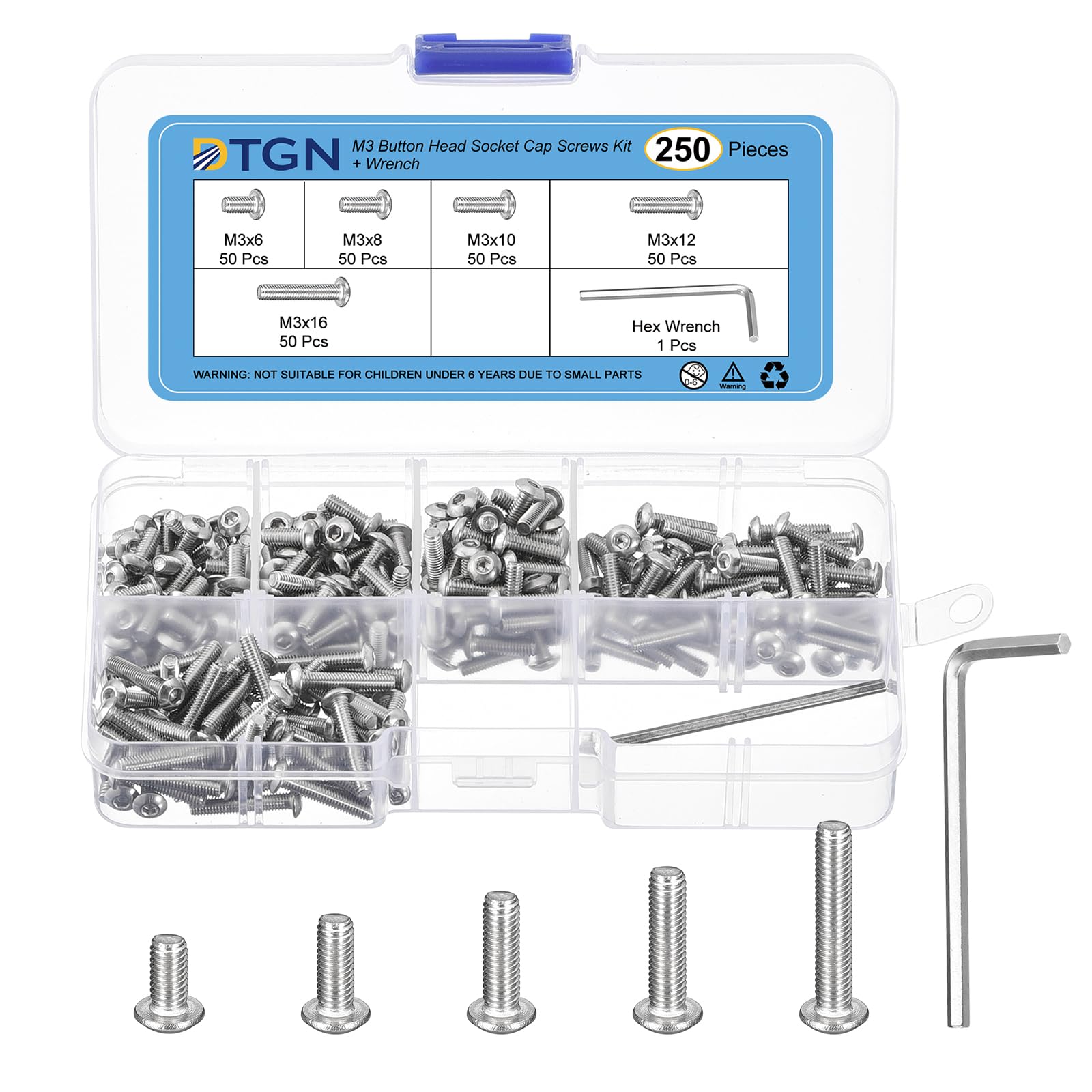DTGN 250Pack M3(D) Button Head Socket Cap Screws Kit - 6/8/10/12/16mm(L) 304 Stainless Steel Full Thread Hex Socket Cap Screw Assortment with S2 Wrench - Good for Machine