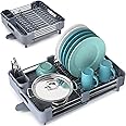 Dish Drying Rack for Kitchen Counter, Extendable Dish Rack with Drainboard, Expandable Dish Drainer, Collapsible Dish Strainer with Cutlery Holder, Foldable Home Countertop Plate Storage Rack, Gray