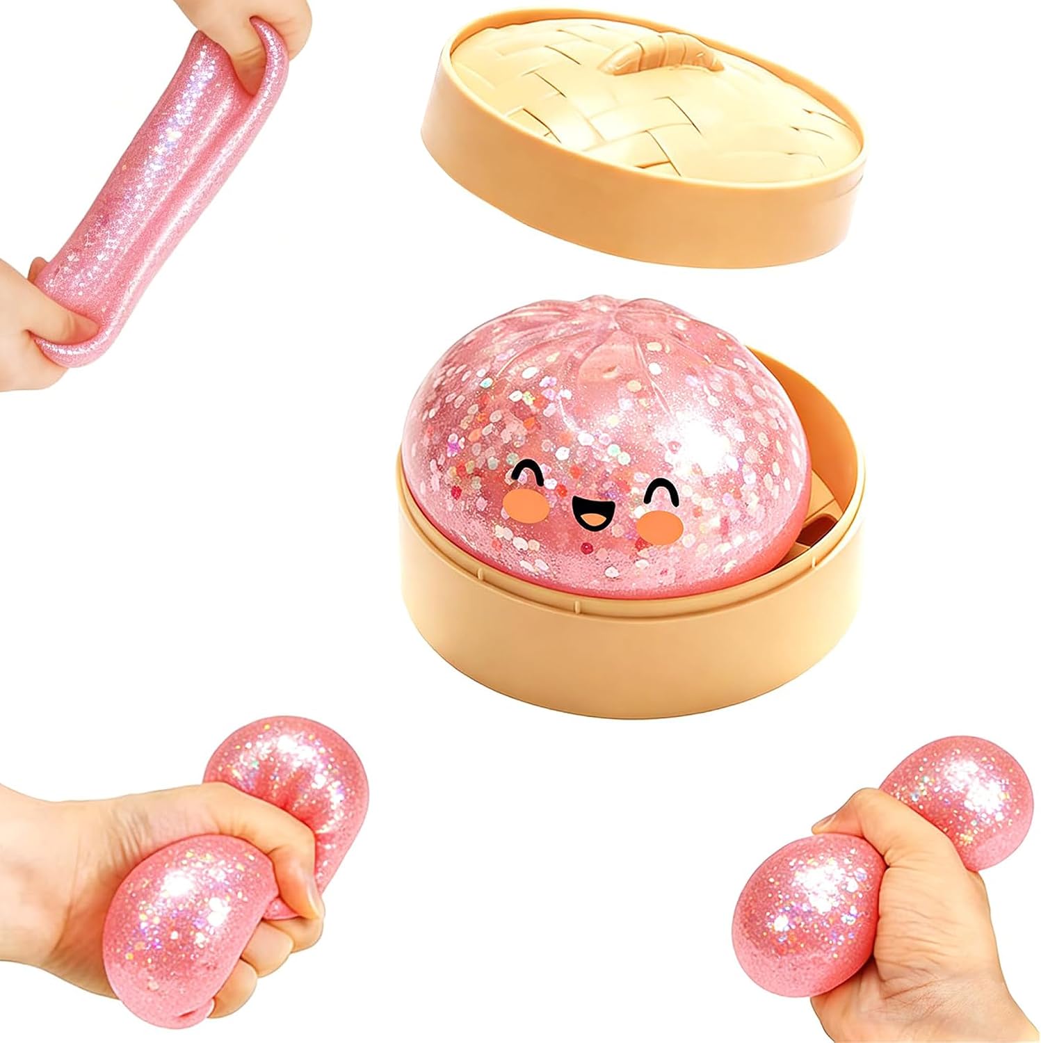 Giant Glitter Dumpling Squishy, Colorful Mystery Stress Dumplings, Cute Soft Calming Unbreakable Figurine Simulation Ball (Pink)