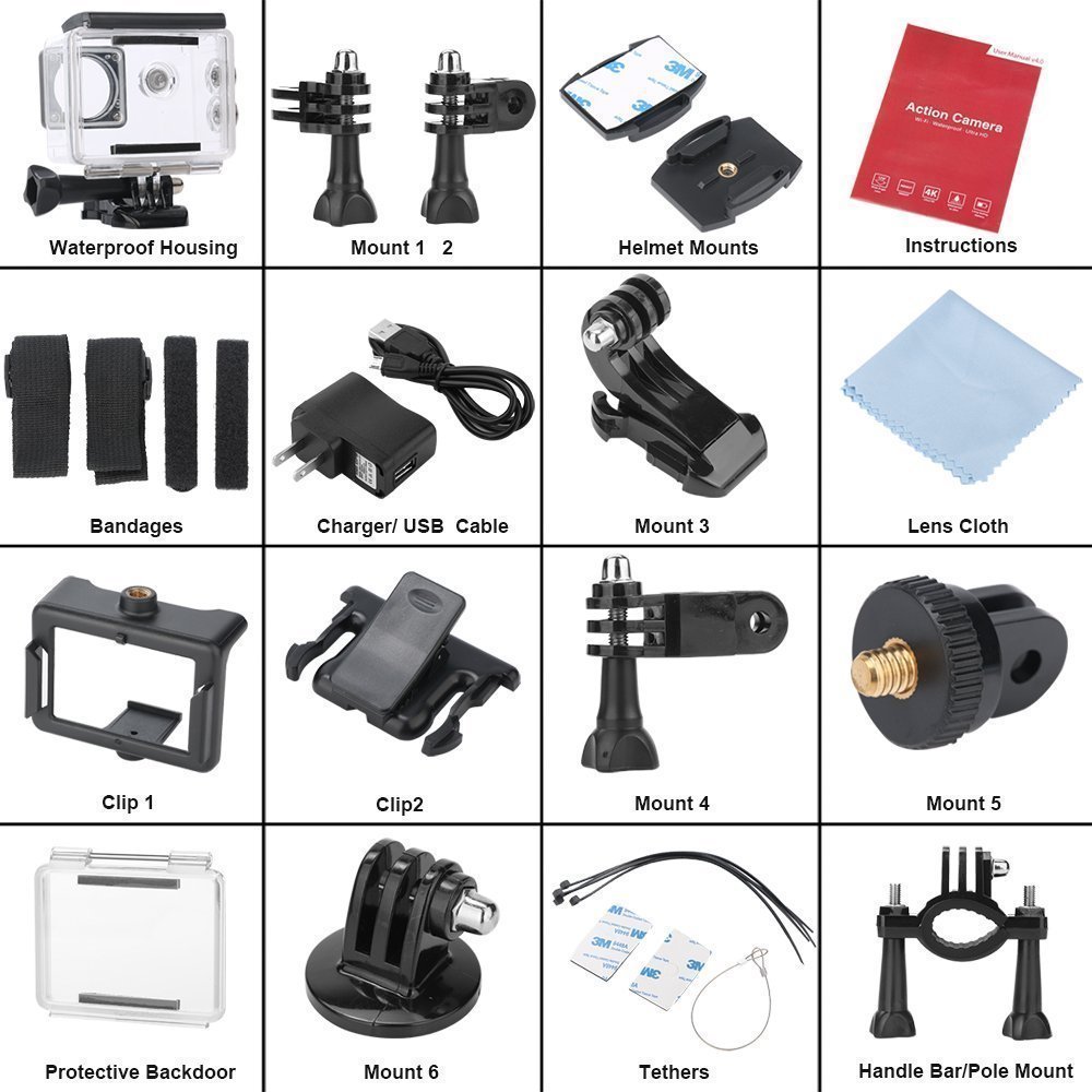 Dveetech 4k Action Camera WiFi Waterproof 30M Sport Camera 16Mp Ultra hd 1080p Underwater DV Camcorder Action Cam with Remote 2 Batteries Bike Helmet Mounting Accessories Kit for Cycling Snorkeling