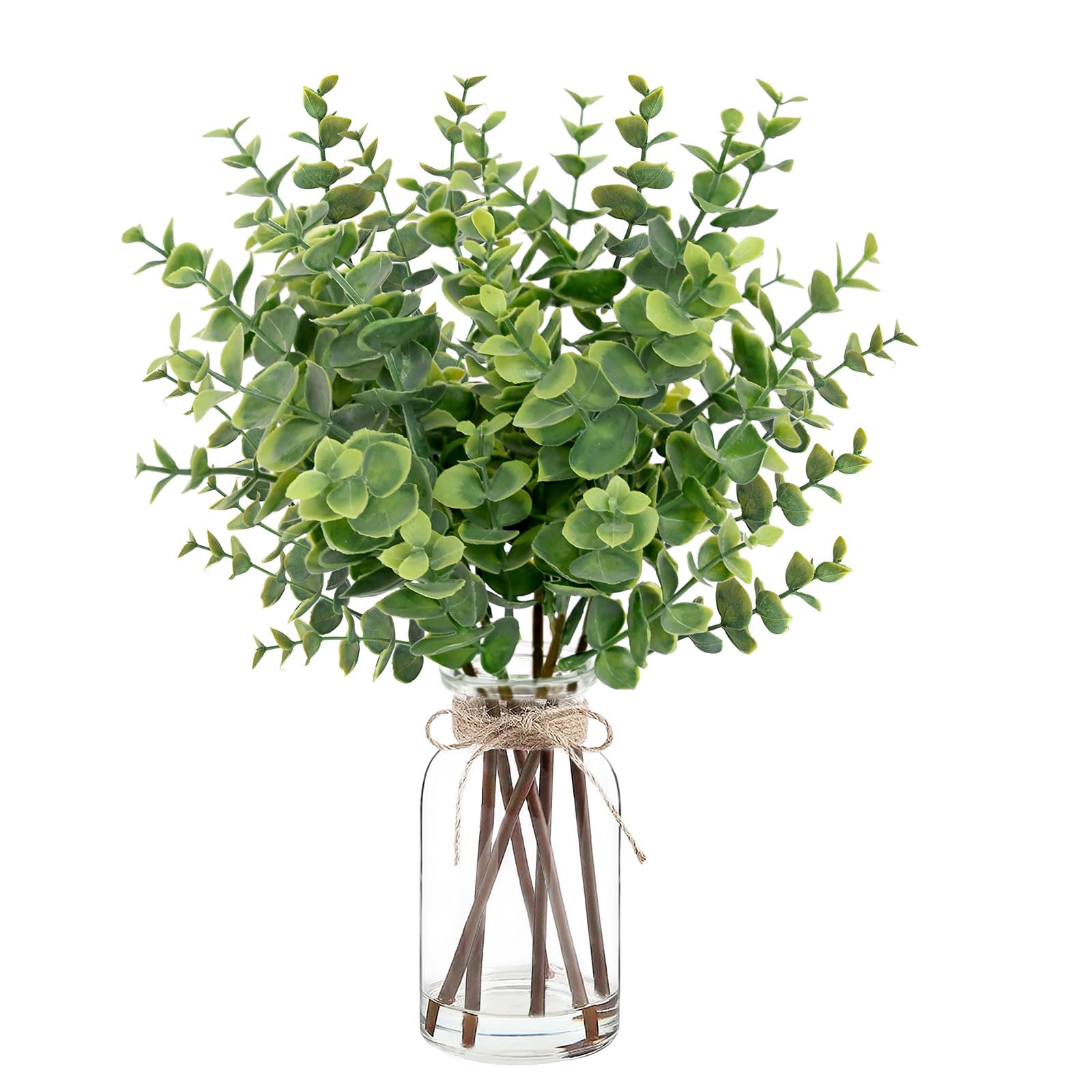 Photo 1 of Artificial Eucalyptus Stems in Glass Vase with Faux Water,Artificial Plants Eucalyptus Leaves for Shelf Desk Bathroom Farmhouse Room Coffee Table Home Decor, Central Decoration.
