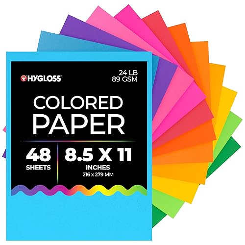 Hygloss Assorted Bright Colored Paper - 24 lb, 89 GSM, Acid-Free, Fade-Resistant, 8.5x11-Inch Letter Size Color Copy Paper, 48 Sheets, 12 Colors