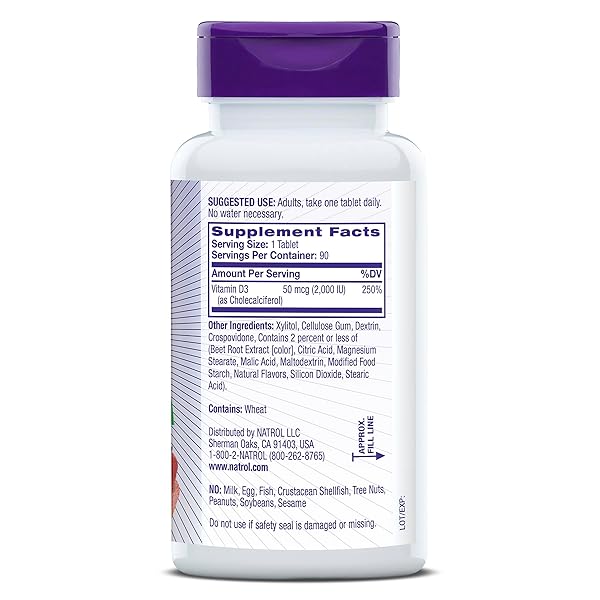 NATROL FAST DISSOLVE VITAMIN D3 2,000 IU, DIETARY SUPPLEMENT FOR BONE AND JOINT HEALTH, BONE SUPPORT SUPPLEMENT, 90 TABLETS, 90 DAY SUPPLY