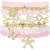 Pink Beaded Bracelet for Women 7Pcs Stackable Opal Stone Stretch Bracelets Sweet Multilayered Gold Charm Bracelets Set Love Heart Flower Clover CZ Butterfly Bow Hello Charm Jewelry Gift for Women