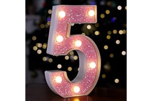 TRONSBOO LED Letter Lights Pink Glitter Marquee Letters Light Up Alphabet Letters Sign Battery Powered for Home Party Decoration Night Bar Wedding Birthday Christmas Lamp Girls Gift - Number 5