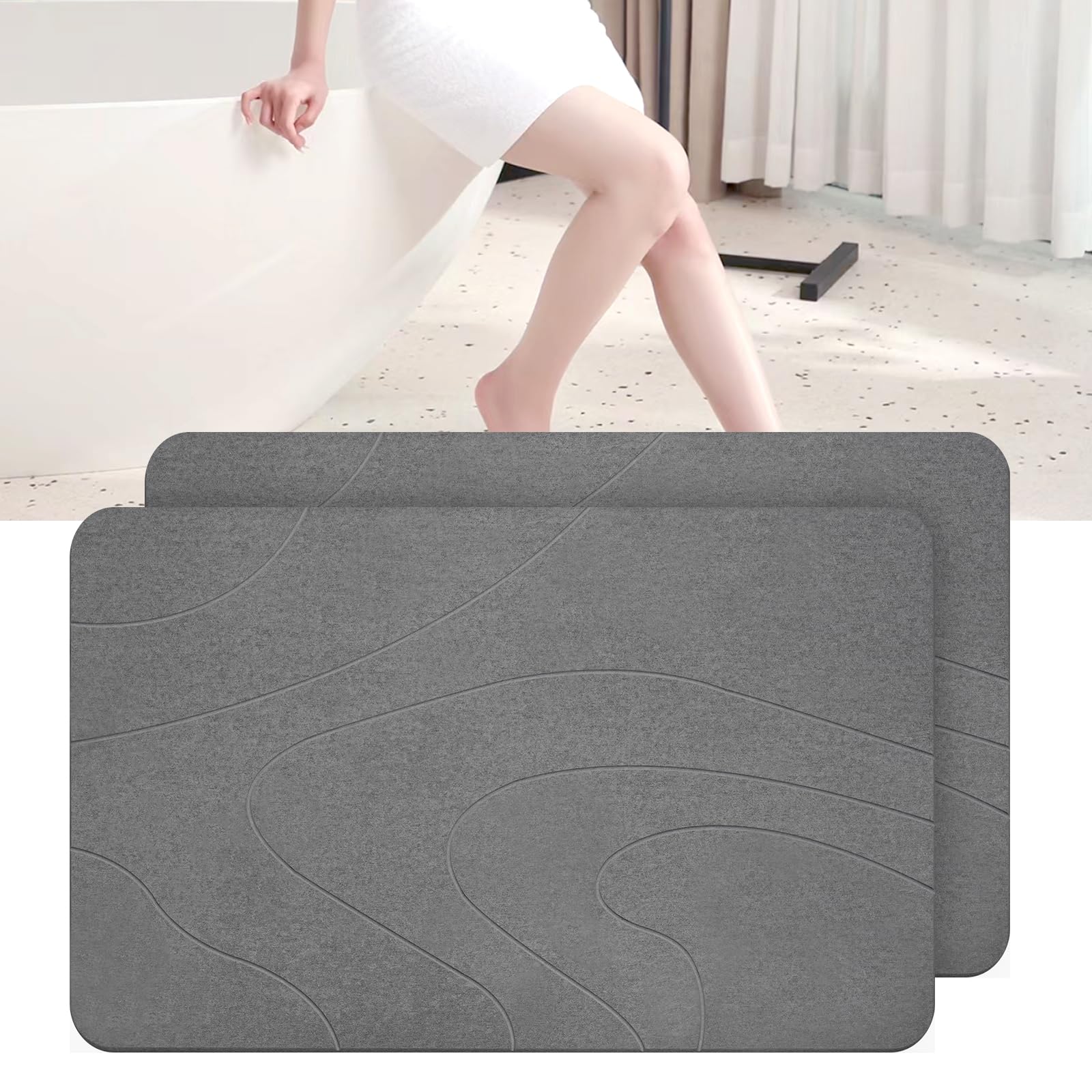 Dai Lufei Stone Bath Mat - Natural Diatomaceous Earth Super Absorbent Shower Mat, Quick Drying, Non-Slip Bath Mat, Bath and Bathroom Floor (Dark Grey x 2)