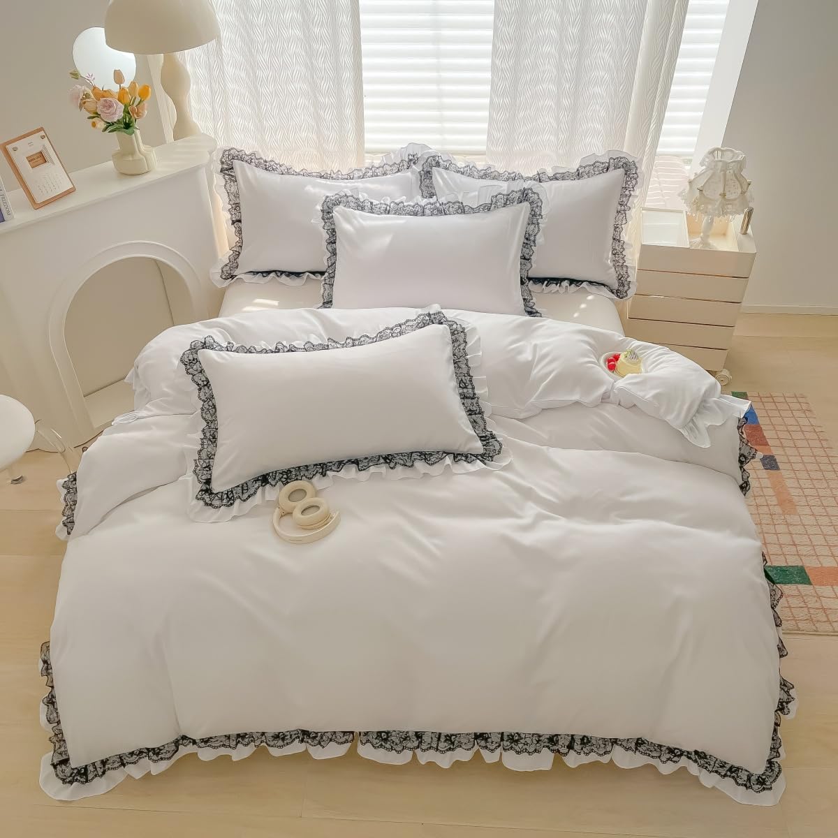 Photo 1 of IHOUSTRIY Black Lace Ruffle Duvet Cover Set, 3 Piece White Bedding Queen Size, Cute Girls’ Room Decor, Comforter Cover 90x90 inches with Pillow Sham, Comforter Not Included