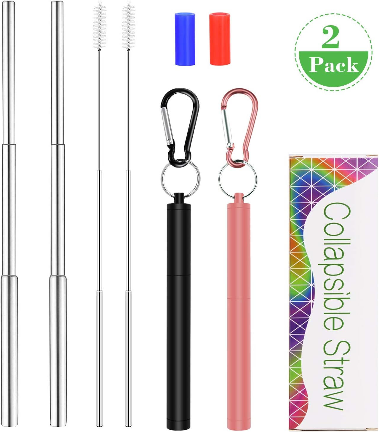 2 Pack Telescopic Reusable Straws, Portable Stainless Steel Metal Drinking Straw Collapsible Straw with Case Cleaning Brush, Folding Metal Straw for Travel,Home and Office, Black Gold