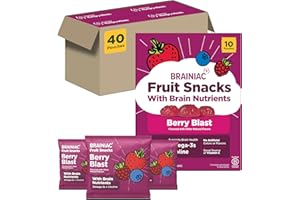 Brainiac Fruit Snacks, Berry Blast, Brain Boosting Patented BrainPack Ingredients with Omega-3s DHA/EPA and Choline, Functional and Nutritious Snacks, 40ct