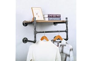 JIANZHUO Industrial Pipe Clothing Rack Wall Mounted with Wood Shelf,Retail Garment Rack Display Rack,Pipe Shelving Floating Shelves,24in Clothes Racks