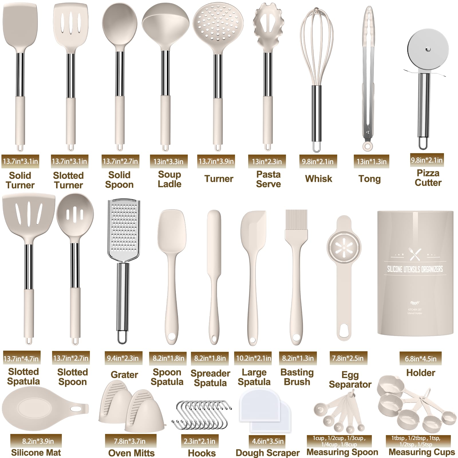 Umite Chef Silicone Kitchen Cooking Utensil Set, 43 pcs Spatula Set with Stainless Steel Handle, Non-stick Heat Resistant - Best Cookware Set-(Khaki)