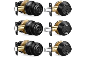 SOPOBY 3 Sets Entry Door Knob and Single Cylinder Deadbolt Combo Set, Keyed Alike Round Ball Matte Black Exterior Door Knobs with Lock and Keys for Entrance and Front Door