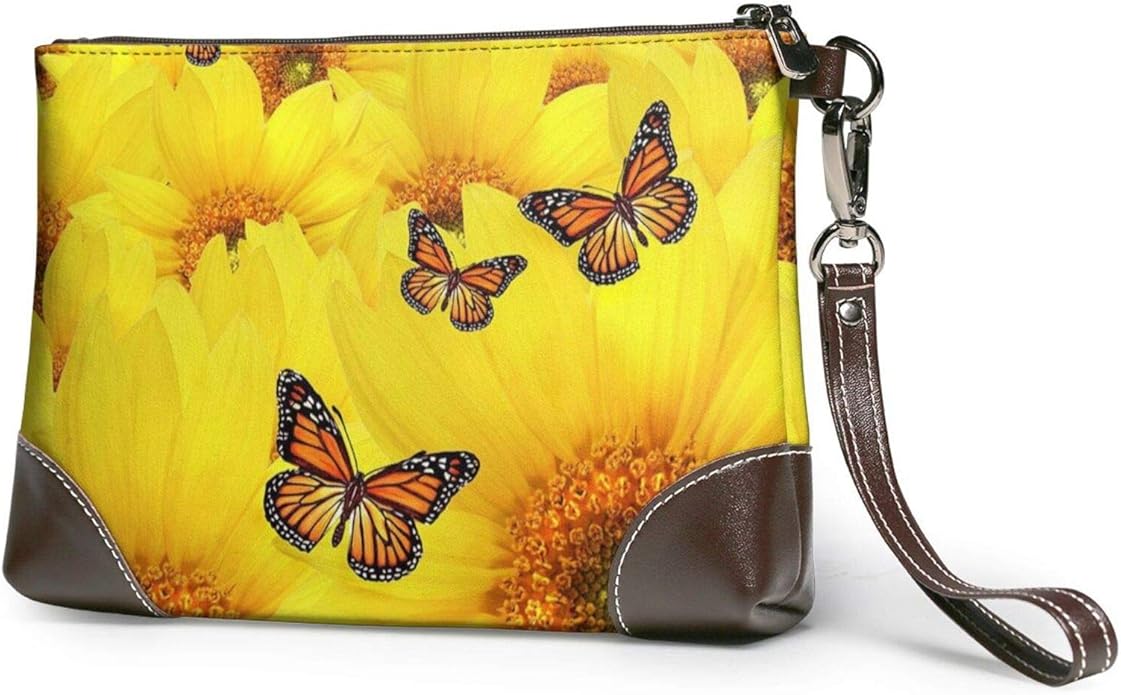 Yellow Flowers Butterflies Printed Clutch Purse Detachable Leather