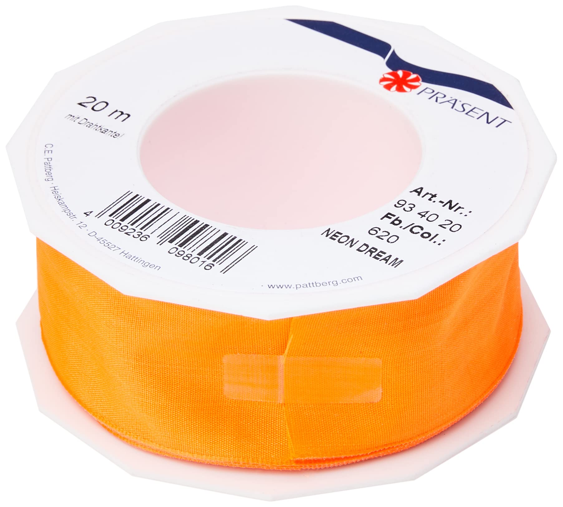 C.E. Pattberg NEON DREAM Wired Edge Taffeta Ribbon in tangerine (orange), 22 Yards Bow Ribbon for Colourful Presents, 1.6 inches width, for Gaudy Gift Wrappings, Decorations & other Adornments
