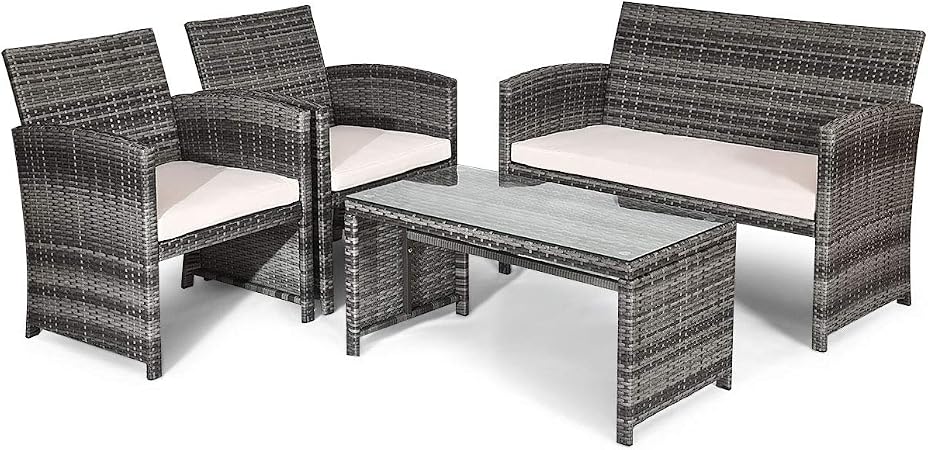 Amazon Com Goplus Patio Furniture 4 Pieces Rattan Conversation Sofa Set With Cushions And Table For Garden Yard Balcony Classic Gray Garden Outdoor