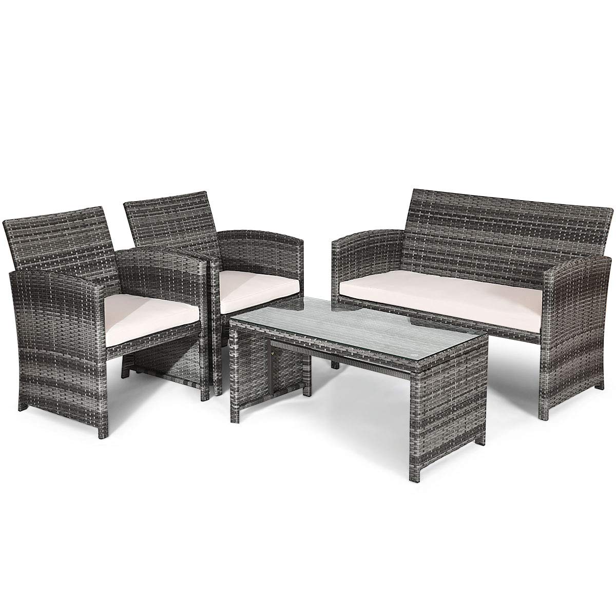 Goplus Patio Furniture 4 Pieces Rattan Conversation Sofa Set With Cushions And Table For Garden Yard Balcony Classic Gray Amazon In Garden Outdoors