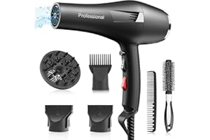 Faszin Ionic Salon Hair Dryer, Professional Blow Dryer AC Motor Fast Drying with 2 Speed, 3 Heat Setting, Cool Button, with Diffuser, Nozzle, Concentrator Comb for Curly & Straight Hair-Black