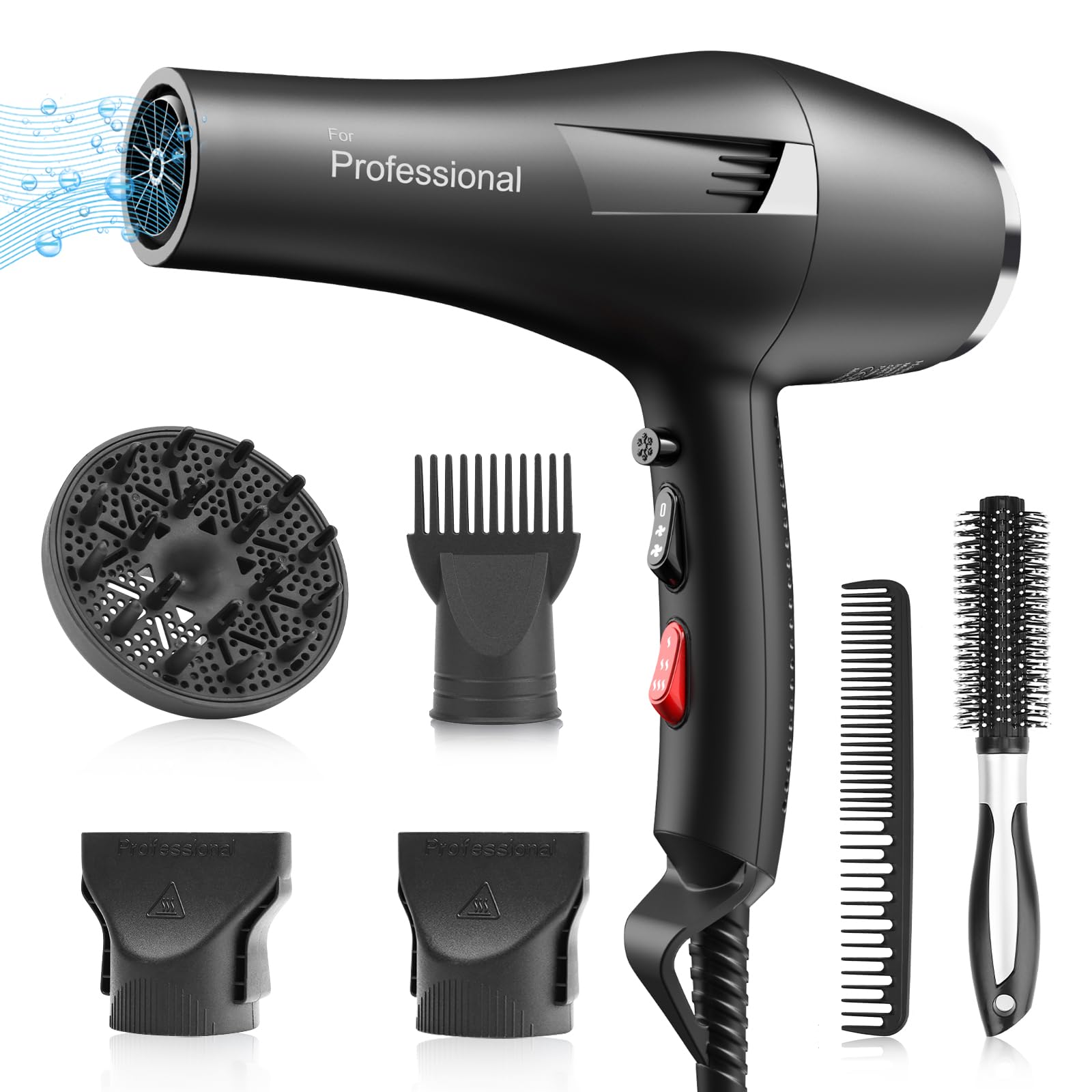 Faszin Ionic Salon Hair Dryer, Professional Blow Dryer AC Motor Fast Drying with 2 Speed, 3 Heat Setting, Cool Button, with Diffuser, Nozzle, Concentrator Comb for Curly & Straight Hair-Black Image