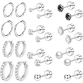 Surgical Steel Flat Back Earrings Set for Multiple Piercing Sensitive Ears,Sterling Silver Hypoallergenic Small Cartilage Huggie Hoop Earrings Titanium Tiny CZ Pearl Opal Stud Earrings for Women