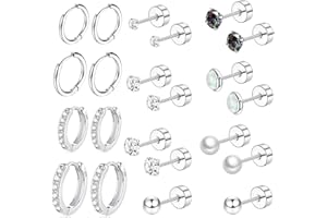 COCADANT Surgical Steel Flat Back Earrings Set for Multiple Piercing Sensitive Ears,Sterling Silver Hypoallergenic Small Cartilage Huggie Hoop Earrings Titanium Tiny CZ Pearl Opal Stud Earrings for Women