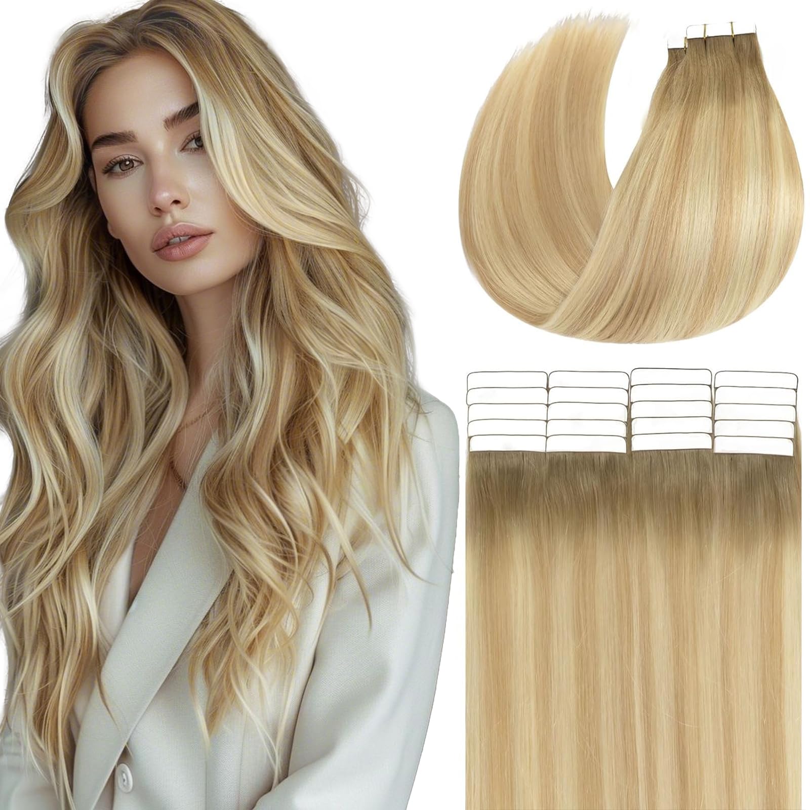 Photo 1 of *Factory Sealed*
Loxxy Tape In Extensions Human Hair Invisible Skin Weft Tape ins Natural Hair Extensions Ombre Color Light Golden Brown/Platinum Blonde With Light Brown Root #R8-12/60 20pcs 50g per Pack 22Inch