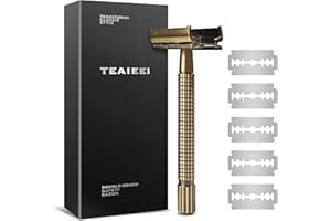 TEAIEEI Safety Razor with Chrome Plated Handle, Single Blade Razors for Men with 5 Replacement Blades Long Handle Double Edge Safety Razor