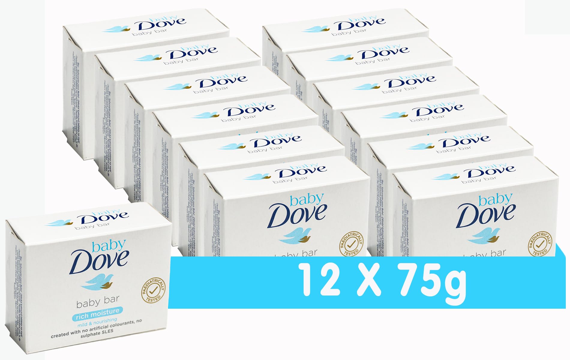 Baby Dove Baby Soap Bar Delicate Skin Rich Moisture Hypoallergenic Skin Care, Made With 1/4 Moisturising Cream 75g, 12 Pack