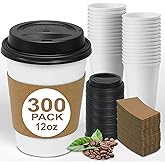 Ginkgo 300 Pack 12 oz Disposable Thickened Paper Coffee Cups with Lids and Sleeves, To Go Hot Coffee Cups Set for Chocolate, Cocoa, Beverages and Tea